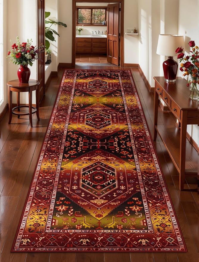 SERISSA Runner Rug for Hallways, Long Boho Rug Vintage Rustic Red Gold Hallway