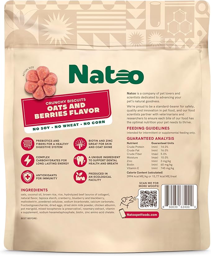 NATOO Biscuits for Small Dogs & Puppies Crunchy Dog Treats, Oats & Berry Healthy Natural Canine Biscuits, Rich in Omega 6, Prebiotics & Fiber, Antioxidants for Immunity (8 oz)