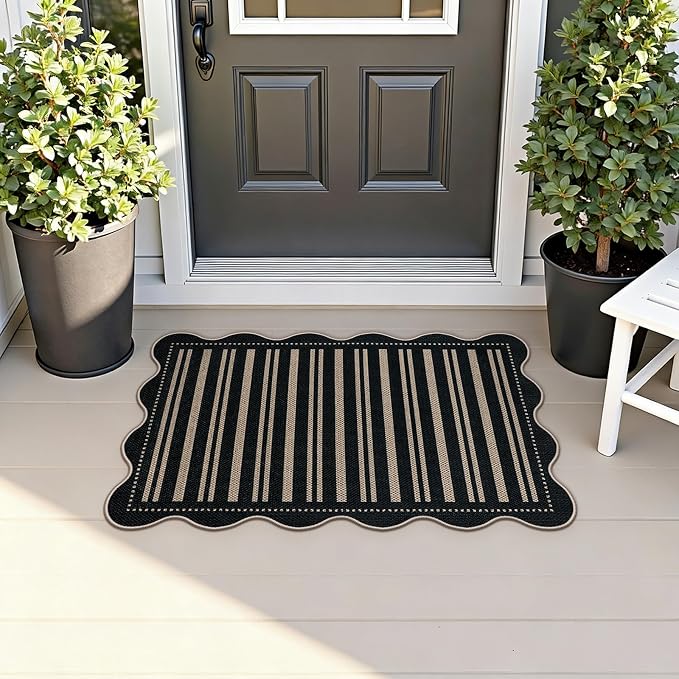 Striped Easy Jute Entryway Rug, 2x3 Black Indoor Outdoor Doormat, Washable