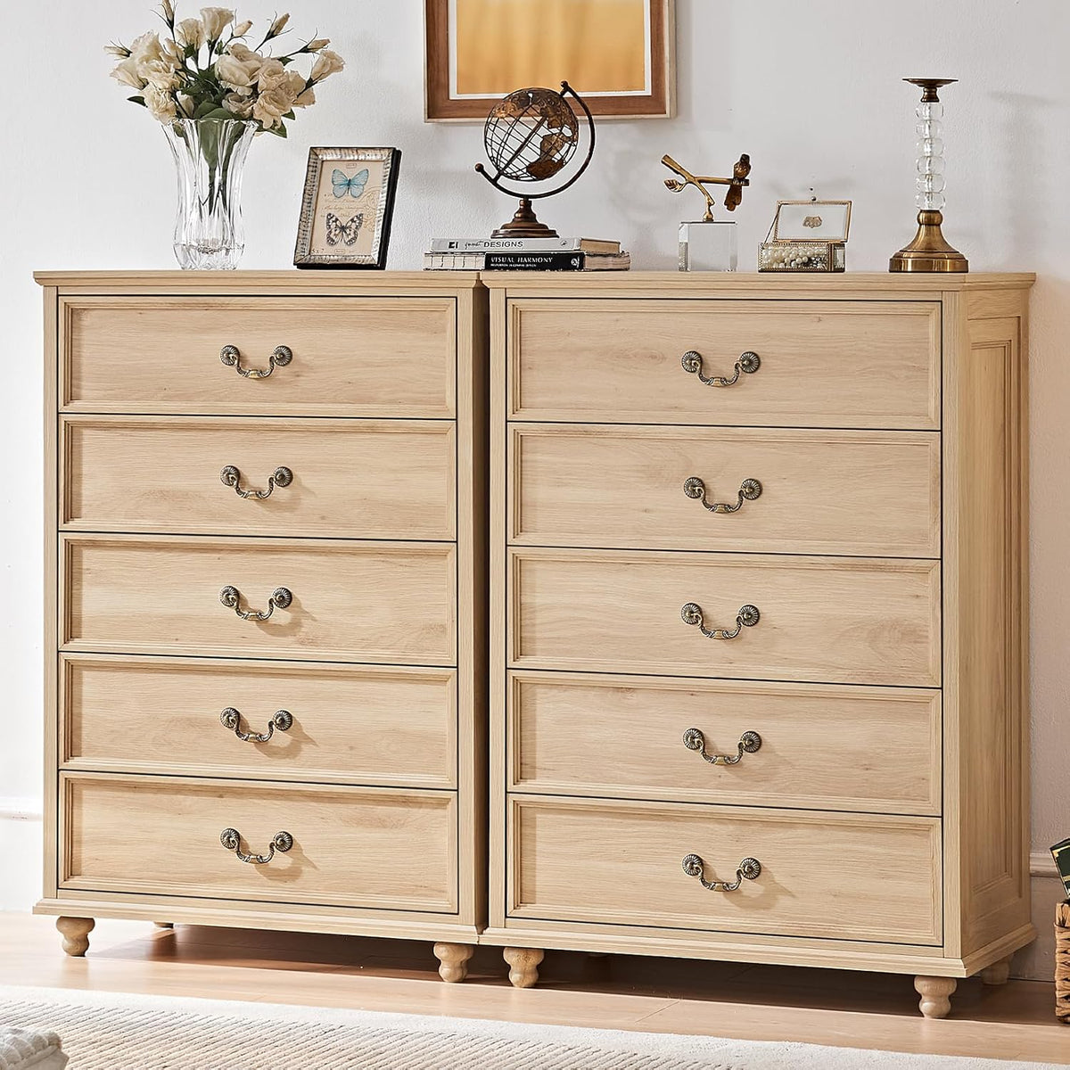 Joaxswe Farmhouse 5 Drawer Dresser for Bedroom, 45" Tall Vinatge Chests of Drawers w/ 4 Solid Gourd Feet, Mid Century Modern Boho Wood Closet Storage Dressers Organizer for Living Room, Natural Oak