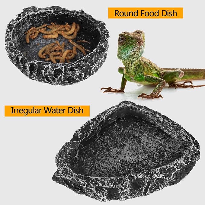 Reptile Water Dish Food Bowl for Bearded Dragon Tank Accessories, Reptile Rock Feeder for Tank 2 Pack Corner Resin Terrarium Bowl for Leopard Gecko Hermit Crab Tortoise Snake, Black