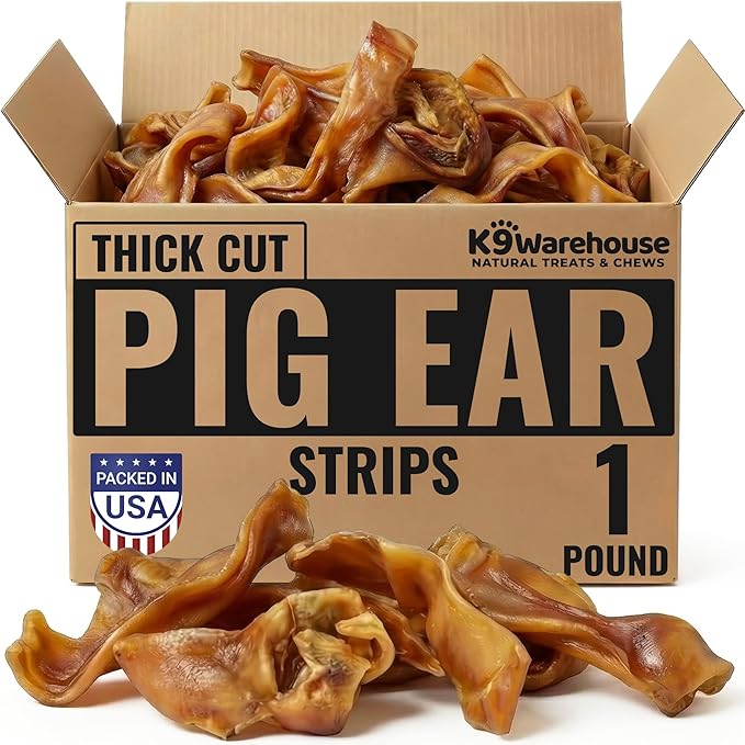 K9warehouse Pig Ears for Dogs - Natural Bulk - 100% Pork Pig Ear Strips for Dogs - Alternative to Rawhide Chews - Thick Cut Pig Ears for Dog Treats for All Breeds Packed in USA - 16oz