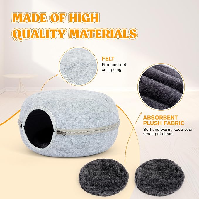 Guinea Pig Hideout, Double Function Guinea Pig Bed with 2 Soft Cushions, Small Animal Cage Accessories for Guinea Pigs, Hamsters, Hedgehogs, and Ferrets (Light Grey)