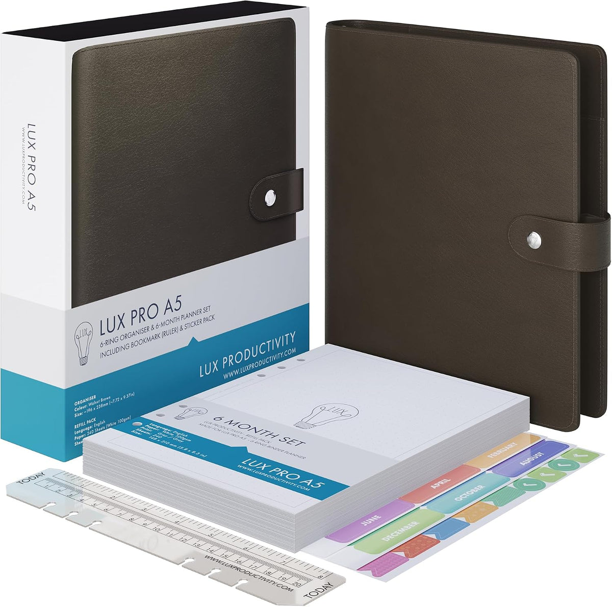 LUX PRO A5 - Daily Planner & appointment diary 2024 - Gratitude journal, wellness journal & Undated weekly planners and organisers - Desk journals for women & men - LUX Productivity (Brown - Walnut)