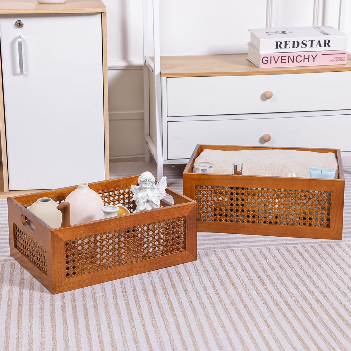 Rattan Wooden Box Set of 2 Handmade Decorative Storage Basket with Handles