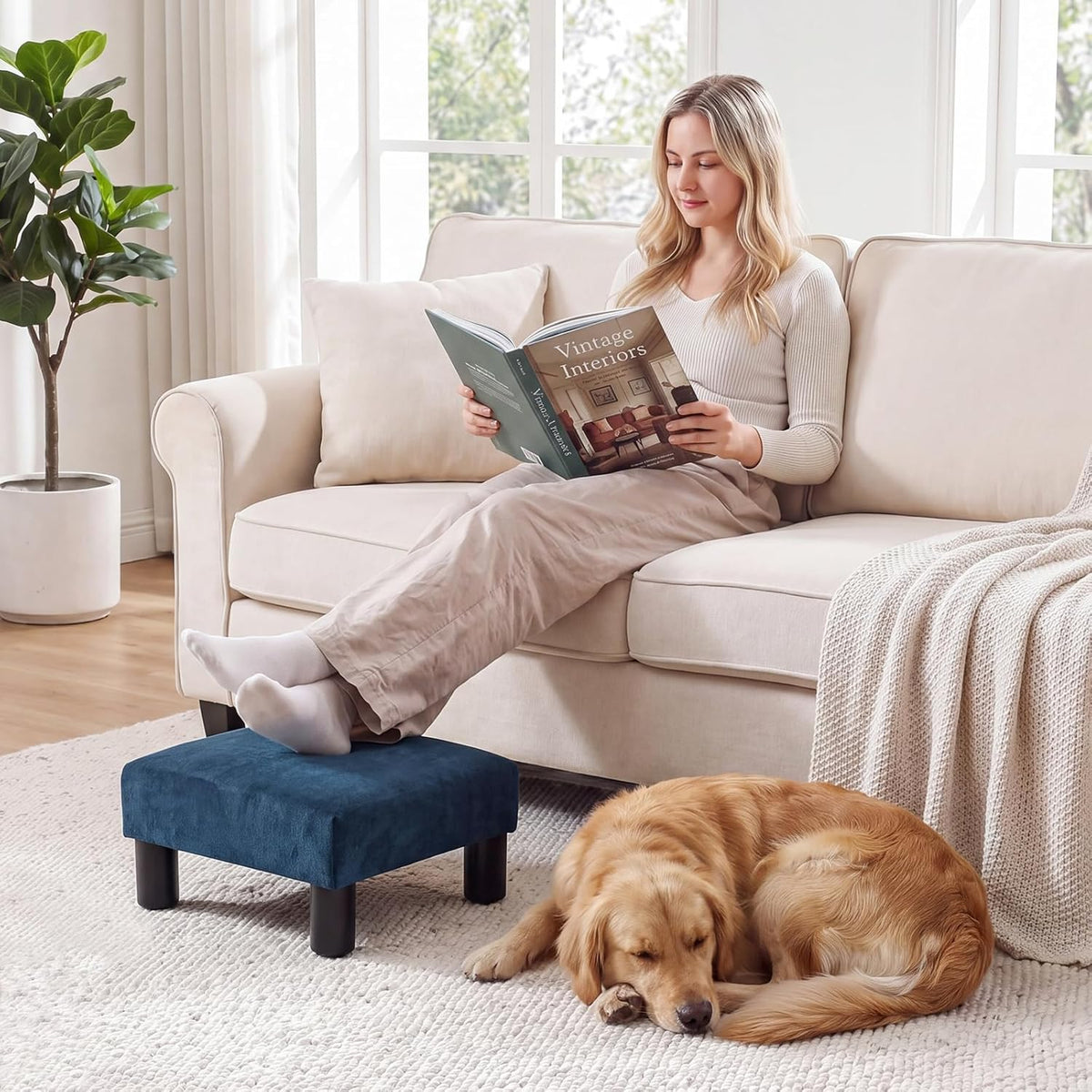 Joveco Small Foot Rest Stool Ottoman, 15" Fabric Square Short Low Footstool Upholstered Footrest for Chair, Under Office Desk, Living Room, Navy Blue