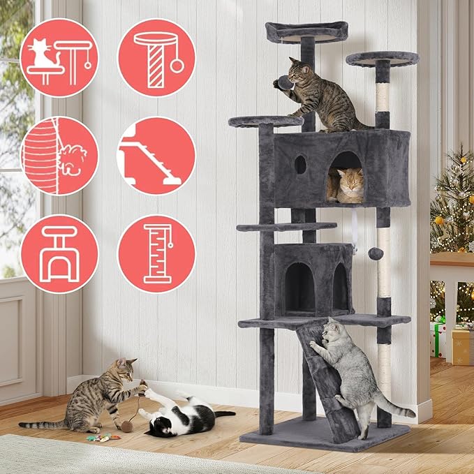 70in Cat Tree Cat Climbing Tower with Scratching Post, Cats House Perch Kitten Tree Condo Wood Playhouse, Pet Trees Tower for Indoor Cats, ASHY