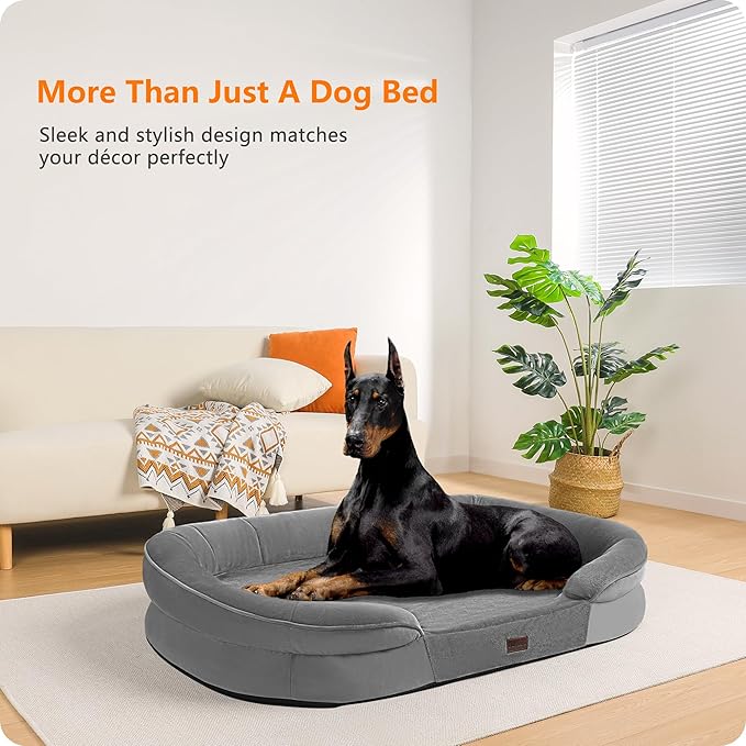 Dwanton Orthopedic Dog Bed for Extra Extra Large Dogs with Gel Memory Foam, Waterproof Dog Sofa, Washable Pet Bed with Four Sided Bolster Cushion, Removable Cover & Non-Slip Bottom, 48", Medium Gray