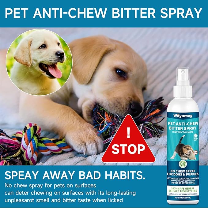 No Chew Spray for Dogs 200ML, Bitter Apple Spray for Dogs Stop Chewing Licking of Furniture, Shoes, Bandages, Dog Training & Behavior Aids Spray, Indoor & Outdoor Use, No Alcohol & Trace