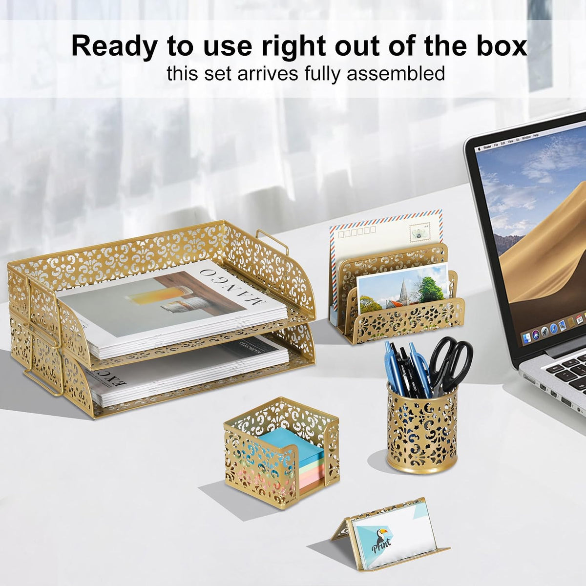 EasyPAG Desk Organizers and Accessories 5 Pieces Office Supplies Set - 2 Tier Paper Tray, Pencil Organizer for Desk, Mail Sorter Countertop, Business Card Holder and Sticky Note Holder, Gold