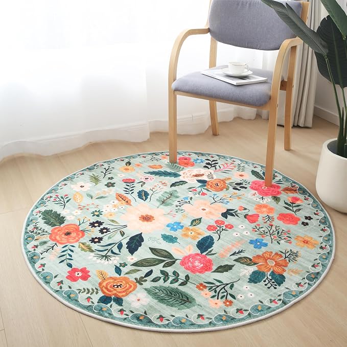 Rugcomf Round Rug 6ft Washable Circle Rug Non Slip Low Pile Boho Floral Small