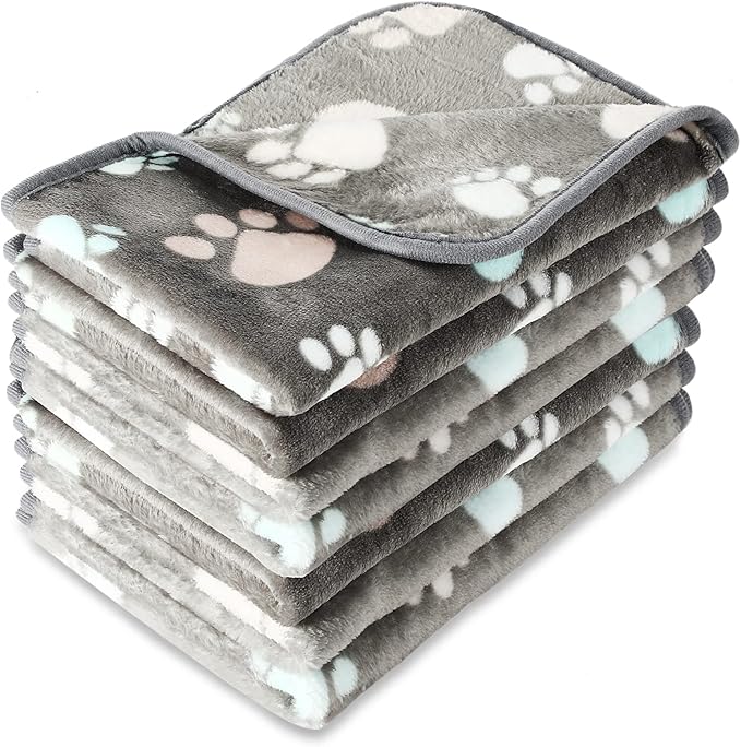 Tatuo 4 Pcs Dog Blanket for Pet Cat Blankets Indoor Puppy Teething Stuff Toys Paw Print Fleece Soft Blanket Sleep Mat for Guinea Pig Cage(Dark Gray,Small(24 x 16 Inch),Square)