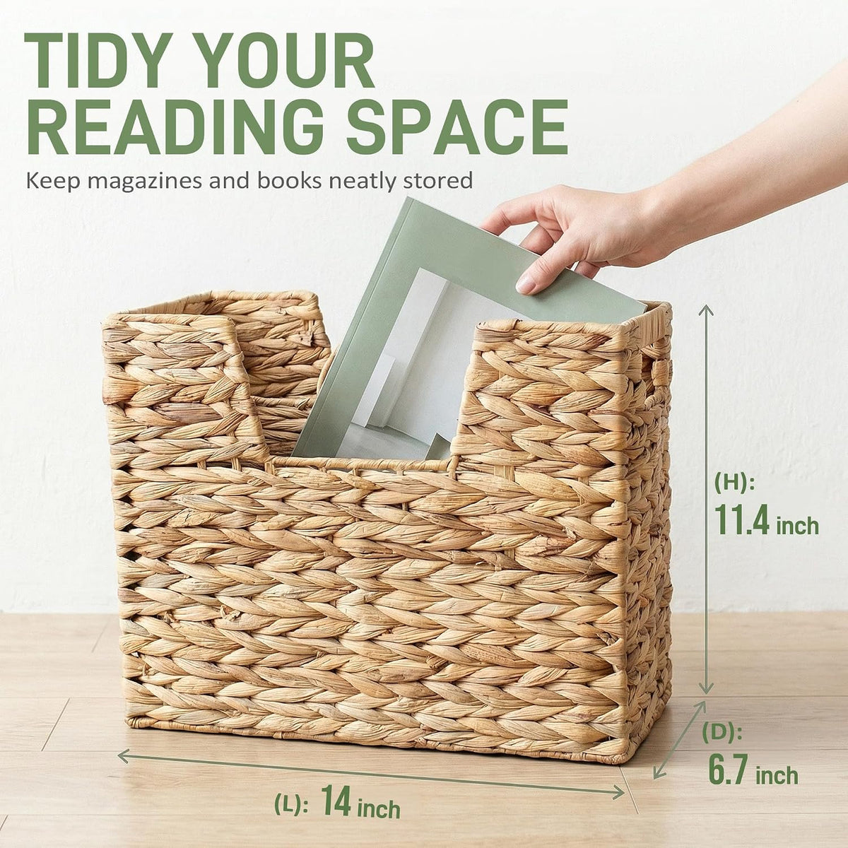 Wicker Magazine Basket with Handle, 2 Compartments