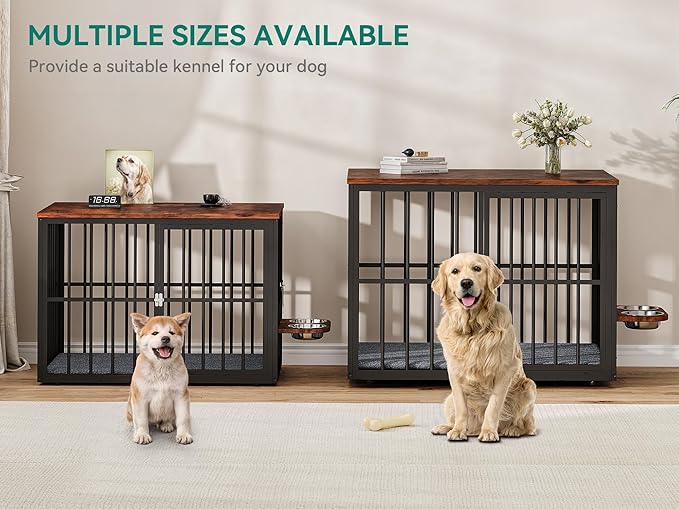 YITAHOME 77.6" Large Corner Dog Crate Furniture for 2 Dogs, Steel Frame Cage with Double Doors & Bowls & 3 Doors, Double Dog Crate Furniture TV Stand for Medium Large Dogs, Brown