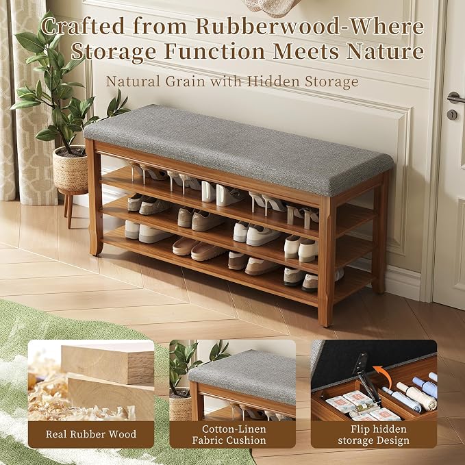 Solid Wood Shoe Bench with Storage, Flip-Top Soft-Close Lid, Adjustable Shelves