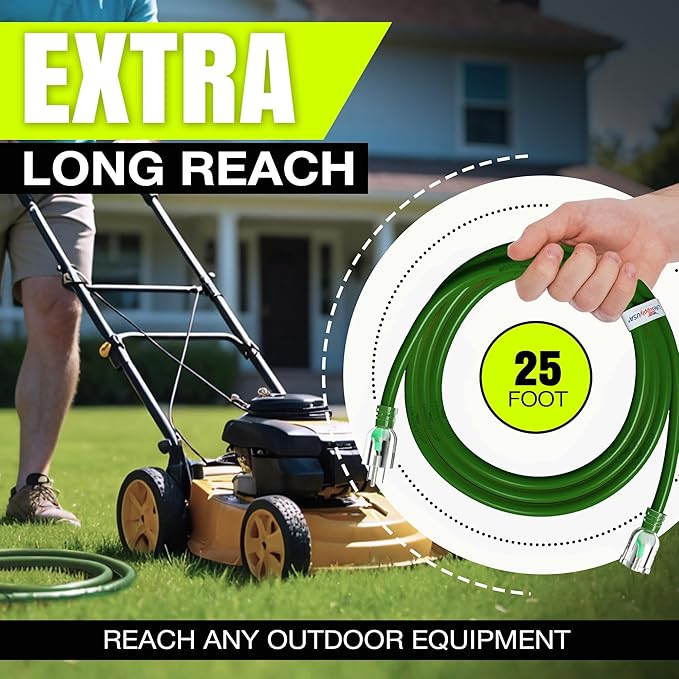 25ft Outdoor/Indoor Extension Cord 14/3 Gauge Heavy Duty 3 Prong SJTW, Waterproof, ETL Listed, Flexible Cold-Resistant Long Power Cord,15A 125V 1875W, Green by LifeSupplyUSA