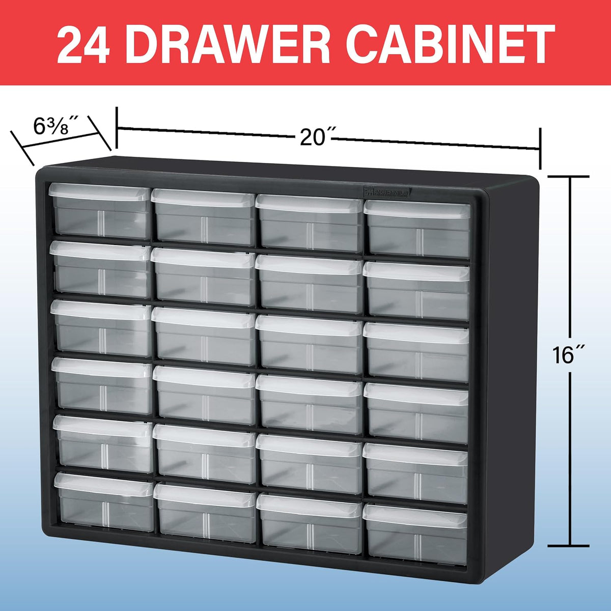 Akro-Mils 10124, 24 Drawer Plastic Parts Storage Hardware and Craft Cabinet, 20-Inch W x 6-Inch D x 16-Inch H, Red