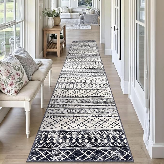KUTA Moroccan Washable Runner Rug, 2x10 Non-Slip Vintage Black Navy Blue Boho