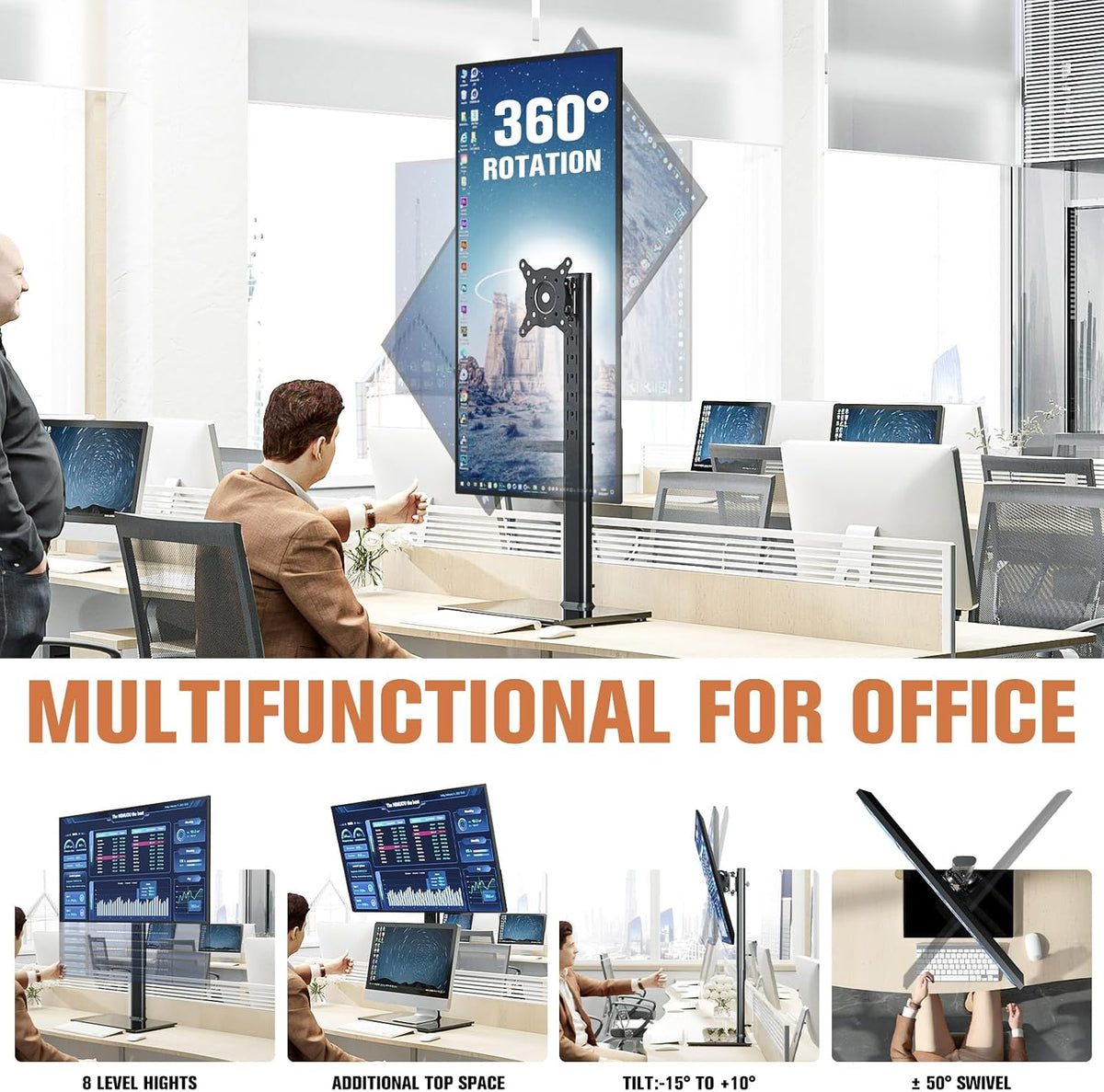 Single Monitor Stand Freestanding 27-43 Inch Monitor Arm Curved Screen Monitor Mount Tempered Glass Base Adjustable Motion Tilt -15° to 10° Swivel ±45° Rotation 360° Weight Capacity 77lbs HT05B-003