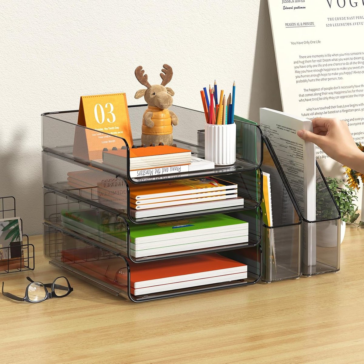 FANXIYQ 4-Tier Brown Acrylic Paper Tray Organizer with 2 Bookends