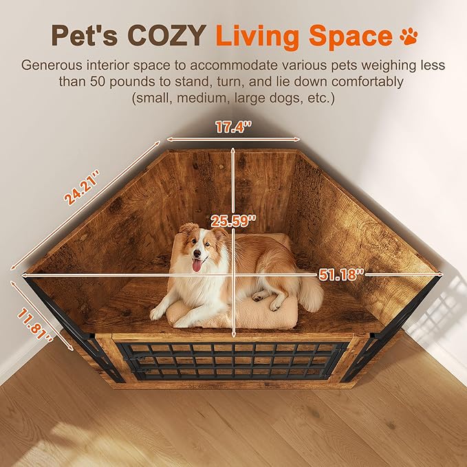 Corner Dog Crate Furniture with 2-Tier Shelves，51" Large Dog Kennel with Storage Indoor Wooden TV Stand, Modern Dog Cage Decorative Pet House, Rustic Brown