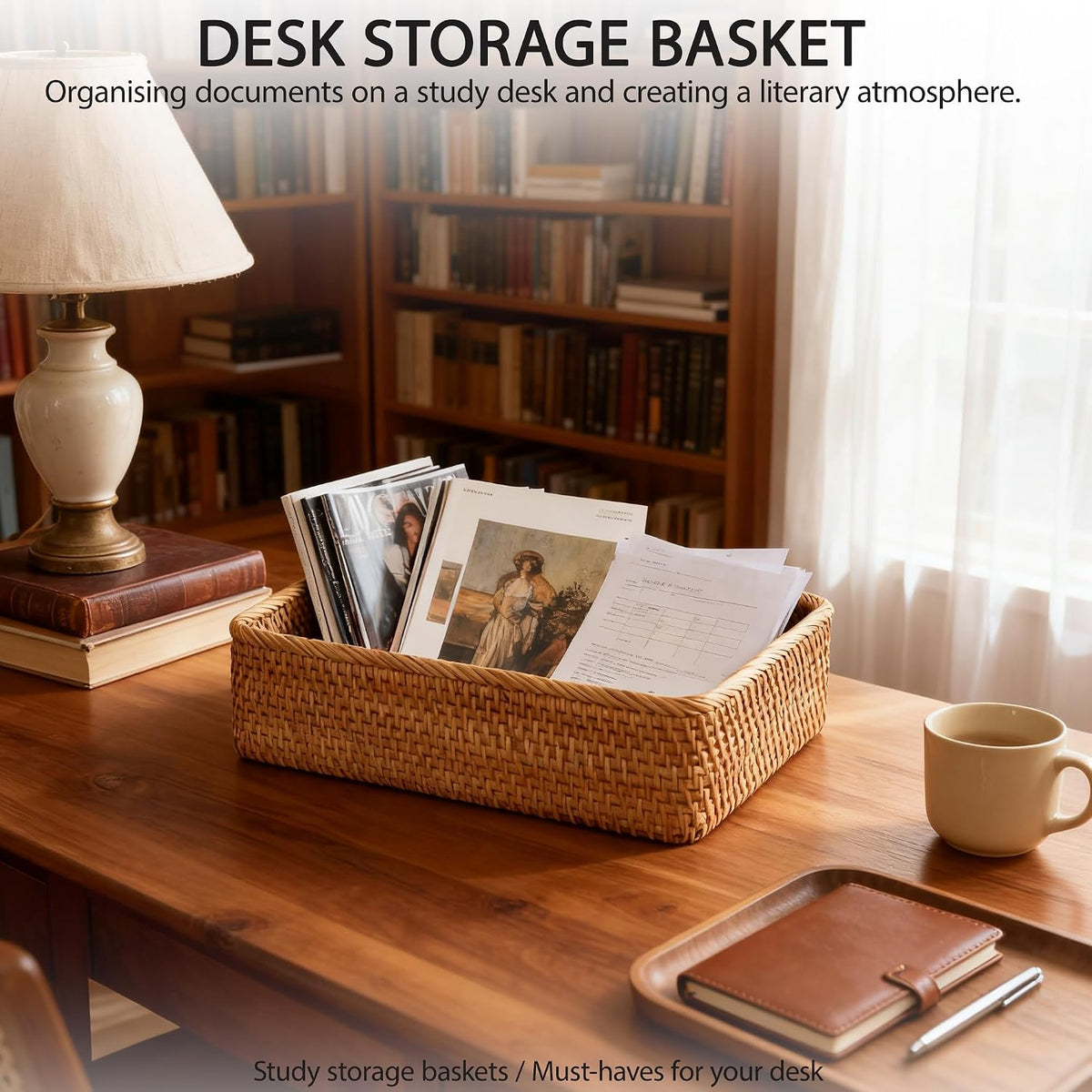 Rattan Storage Basket, Rectangular Desktop Organizer for Home