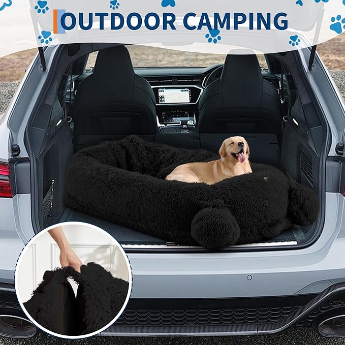 GarveeHome Human Sized Dog Bed, 71" x 45" x 12" Large Dog Bed with 2 Storage Pockets, Fluffy Faux Fur Orthopedic Pet Bean Bed for Adults & Giant Pets - Black