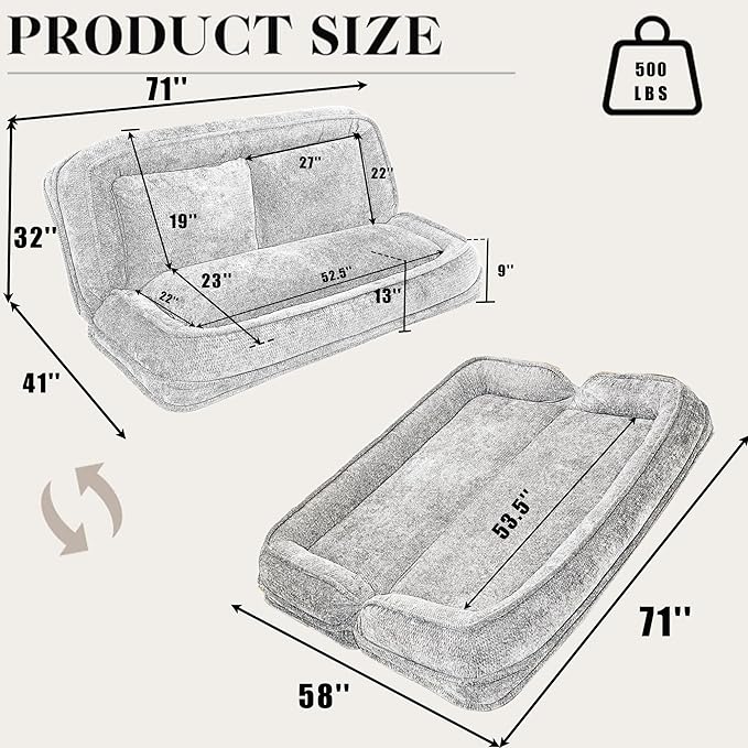 Double Human Dog Bed for Adult and Kids, Comfy Foldable Lazy Floor Loveseat Sofa Bed with 5 Adjustable Position, Upholstered Floor Bean Bag Lounger Chair for Bedroom, Living Room, Office (Gray .)