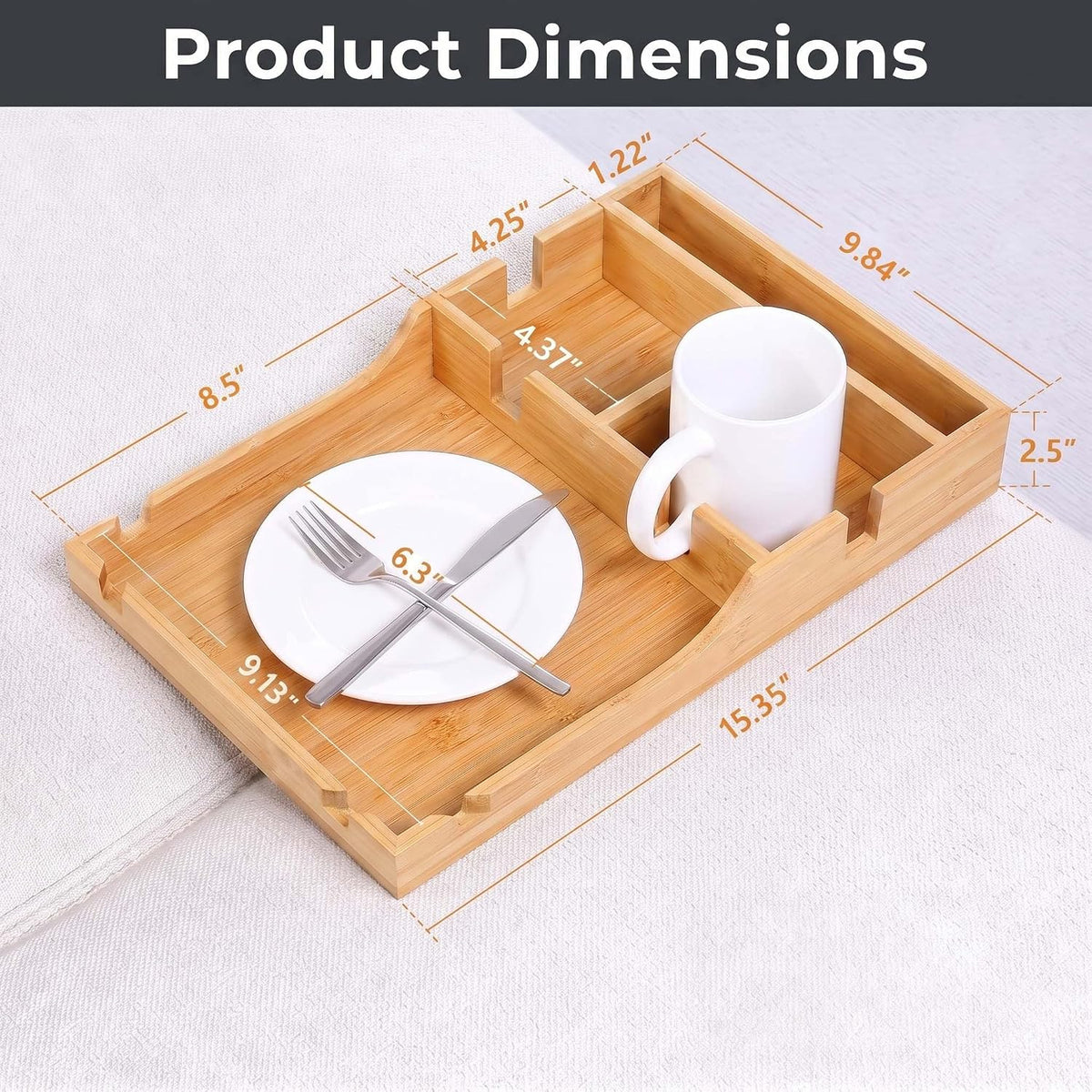 Couch Tray Insert with 2 Cup Holders, 2-in-1 Bamboo Insert & Flat Sofa Organizer, Fits Sectionals or Ottomans for Drinks, Snacks and Remotes, 15.35" x 9.84"