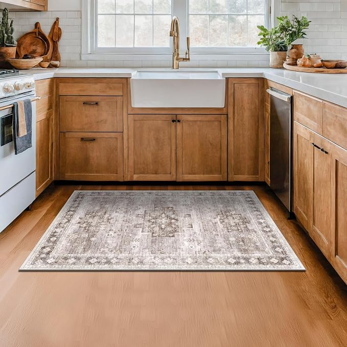 Washable Neutral Farmhouse Large Entryway Rug, 3x4 Area Rugs