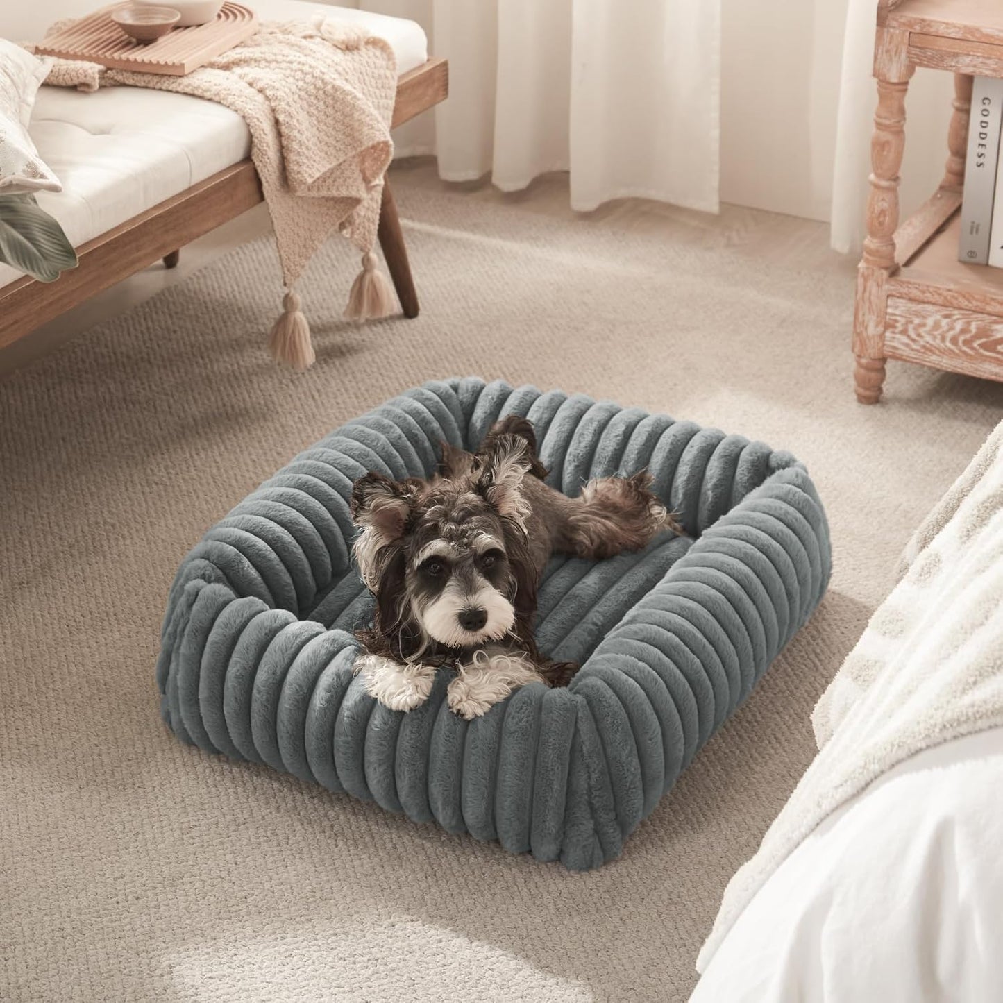 Dog Beds for Small Dogs, Washable Orthopedic Dog Bed with Removable Cover, Rectangle Soft Calming Sleeping Puppy Bed Durable Pet Cuddler with Anti-Slip Bottom, 20"x19"x6" Grey