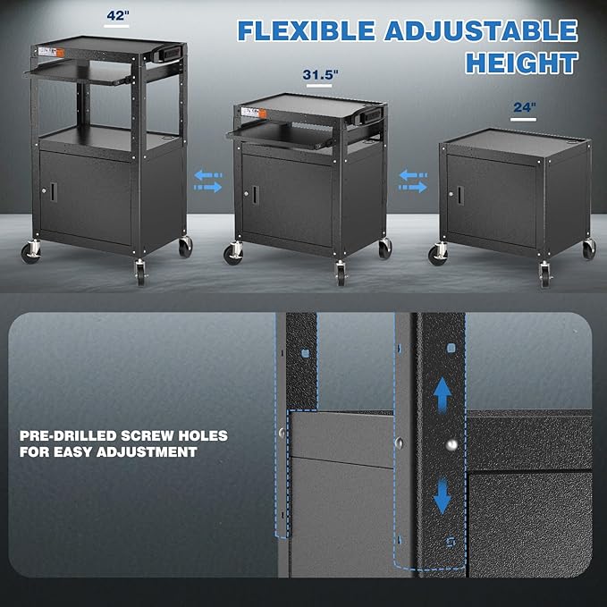 Steel Large AV Cart with Locking Cabinet - Adjustable Height Media Carts with Wheels, Pullout Tray, Power Strip for Mobile Work Station - Rolling Computer Cart for Office Classroom Presentation