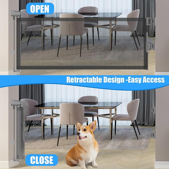 14" H Short Dog Gate Pet Gates Puppy Gate 59" Wide Step Over Pet Fence, Mesh Retractable Indoor Outdoor Expands Up to 59 Inches Small Dog Gates for Doorways Stairs(Gray)