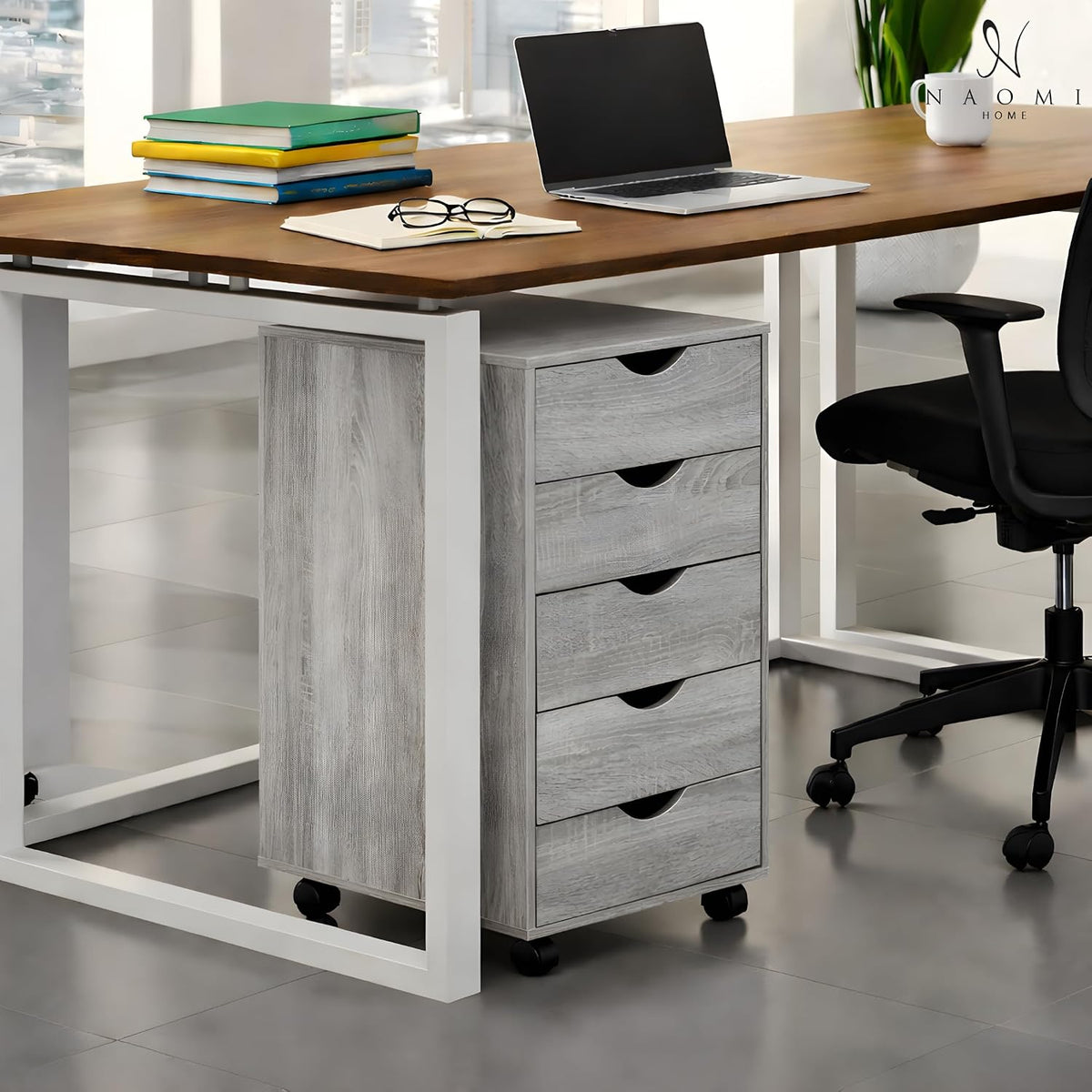 Naomi Home Under Desk Office File Cabinet with 5 Drawers, Rolling Storage Organizer with Lockable Wheels, Handle-Free Design & Spacious Top Surface, Compatible Cabinet for Home Office - Gray Oak