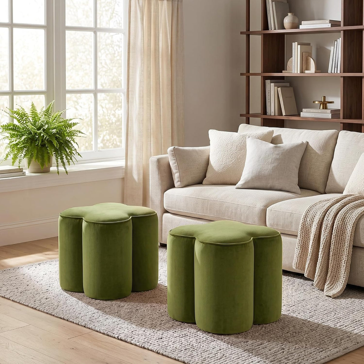 Olive Green Velvet Ottoman Set of 2, Modern Small Vanity Stool