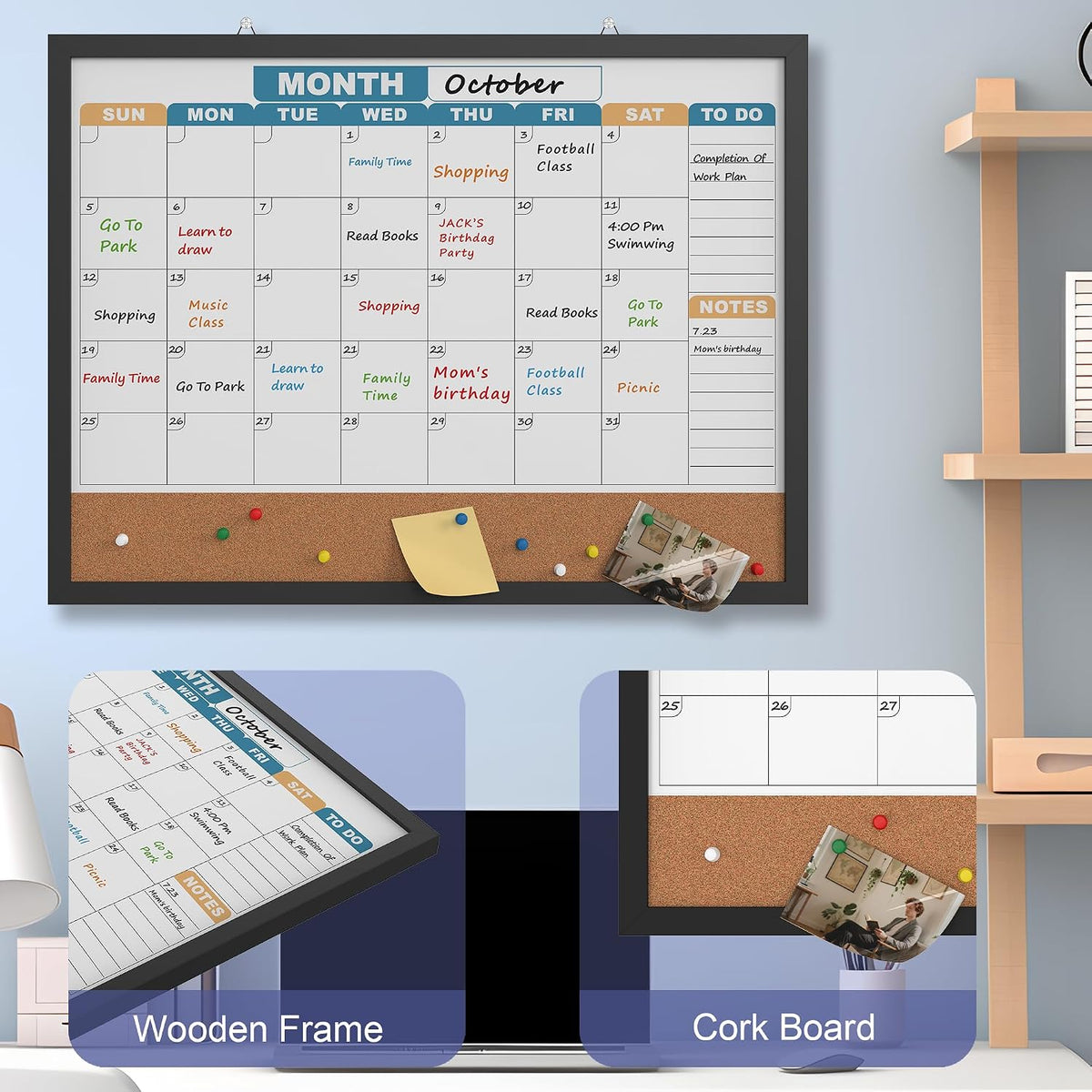 Monthly Calendar Dry Erase Board 24x18 Inch, Double-Sided Whiteboard and Corkboard Combo with Black MDF Frame (Color Calendar), Wall Mounted Planner with Marker, Magnet, Push Pin, Eraser