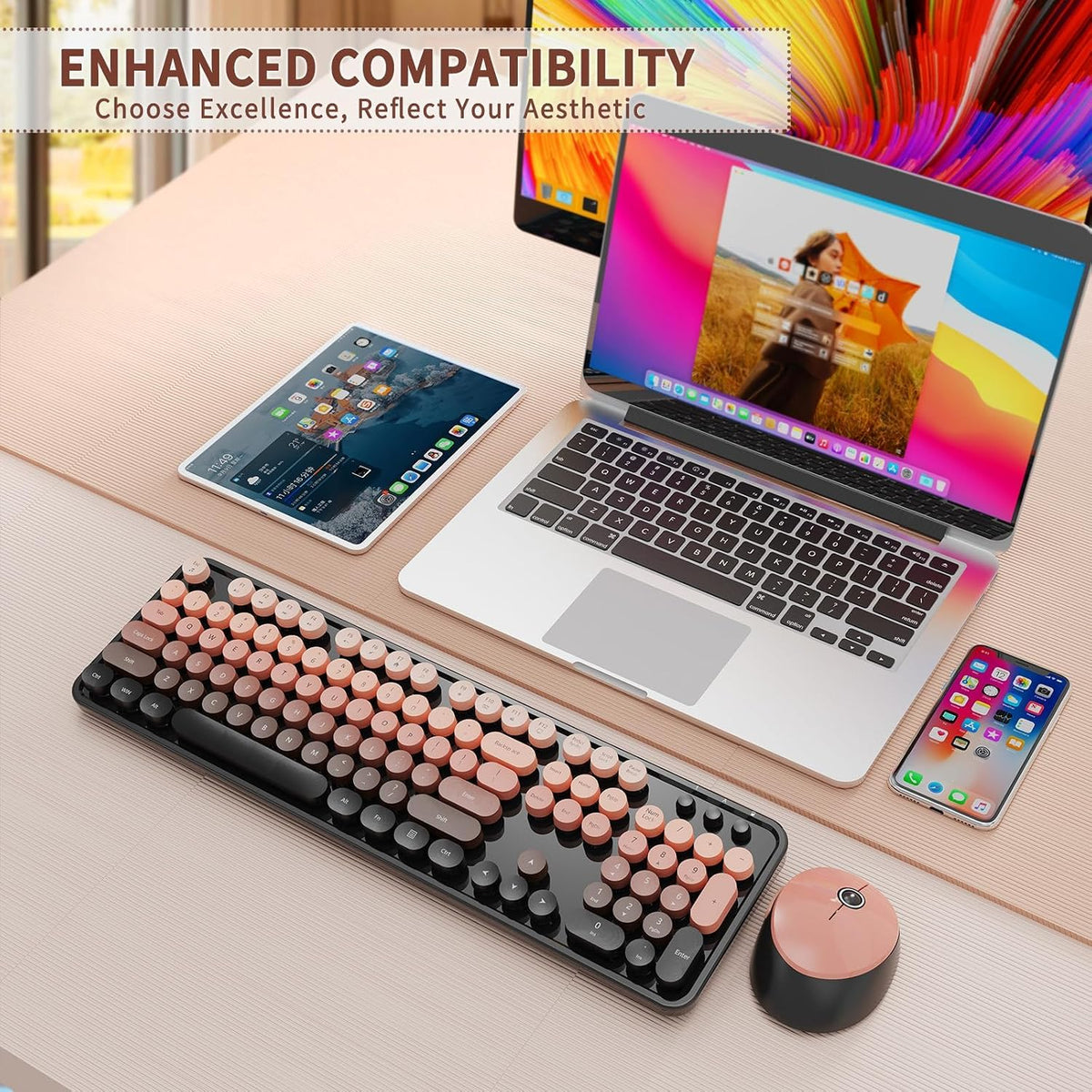 Nowlike Wireless Keyboard and Mouse Combo, Retro Typewriter Keyboard with Round Keycaps, Full-Size Ergonomic, Red, Ideal for Windows PC, Home, Office, and College, Wireless Keyboard Mouse Combo