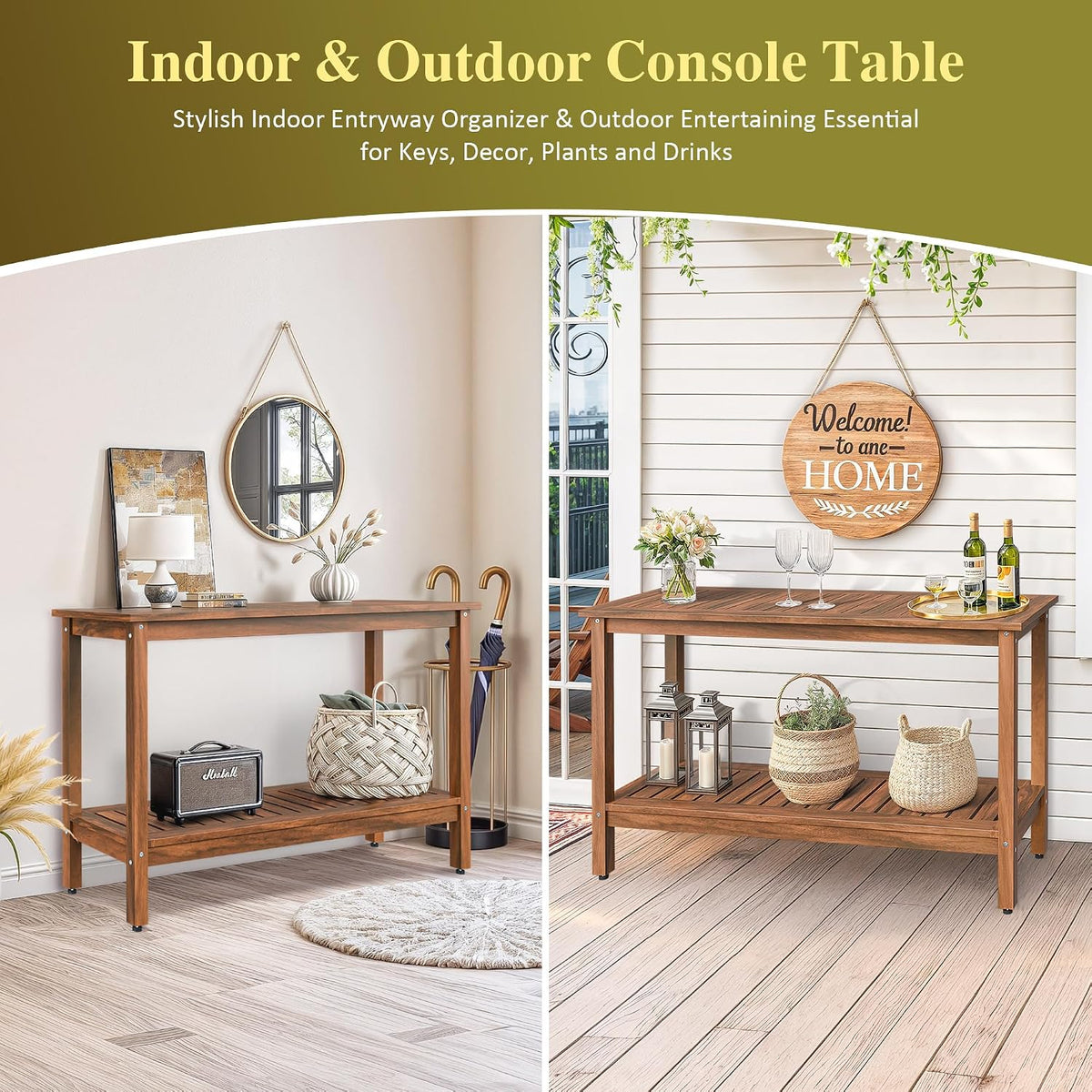 SUPER DEAL 2-Tier Solid Wood Side Table, Outdoor Console Table with Storage Shelf, Adjustable Feet Buffet Bar Organizer for Patio Porch, All-Weather, Natural