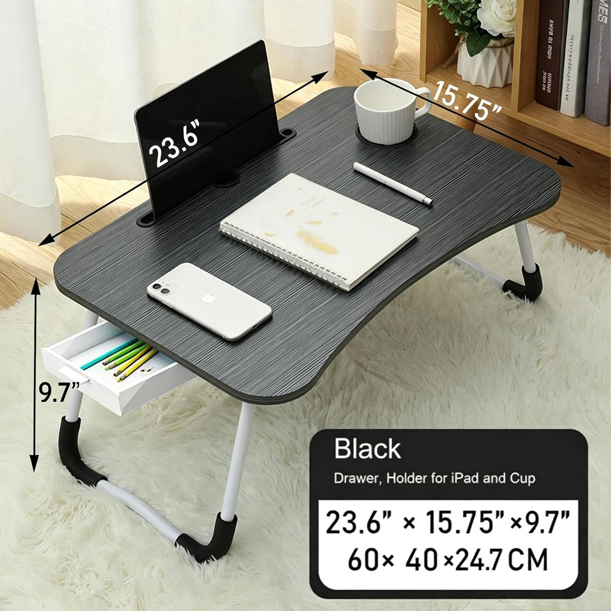 Laptop Bed Desk, Foldable Lap Desk with Storage Drawer, Cup and Phone Holder, Laptop Bed Tray Table, Portable Lap Table, Laptop Stand for Breakfast, Working, Writing, Gaming and Drawing (Black)