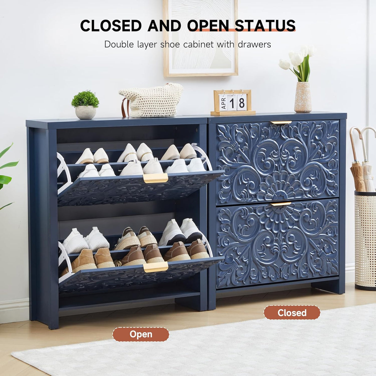 Shoe Cabinet with Flip Drawers, Narrow Shoe Storage Cabinet, 2-Tier Hidden Shoe Organizer with Floral Embossed for Entryway, Mid-Century Modern Slim Shoes Storage for Hallway Foyer (1, Midnight Blue)