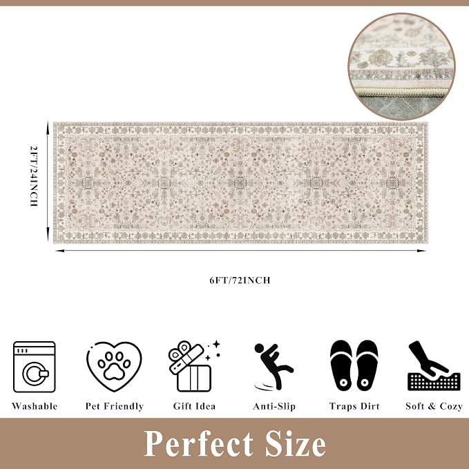 2x6 Washable Kitchen Runner Rug – Boho Vintage Non-Slip Carpet Runner
