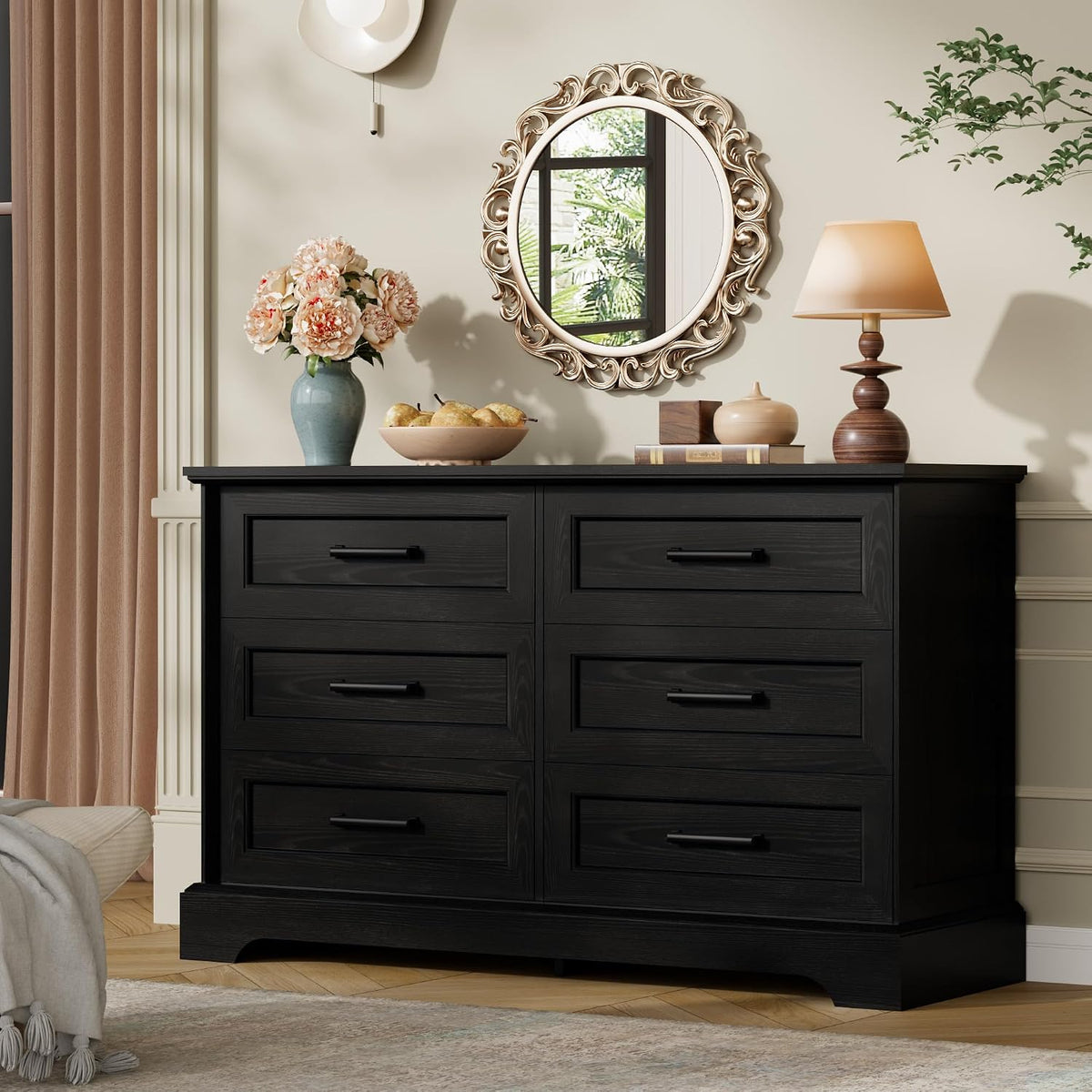 Furmax Farmhouse Dresser for Bedroom, 6 Drawers Dresser, Black