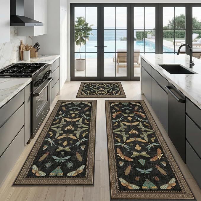 JTJ Insect Botanical Kitchen Rug Set 3 Piece, Vintage Whimsical Runner Rugs