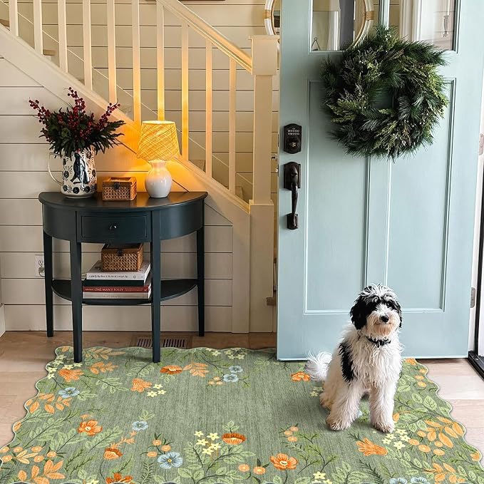 Sage Green Floral Entry Rug