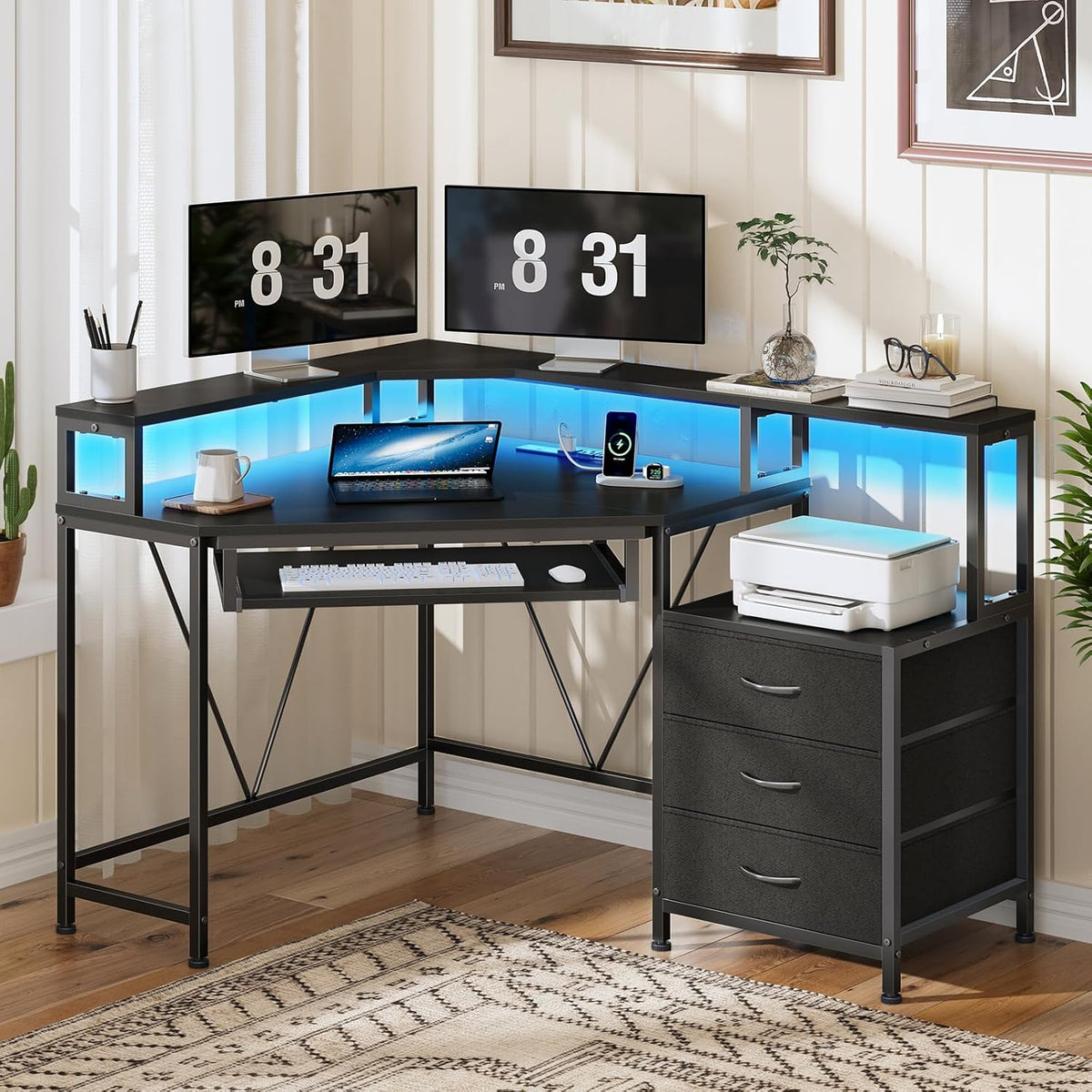 47" Corner Desk with Drawers, Power Outlets ＆ Printer Shelf for Small Space