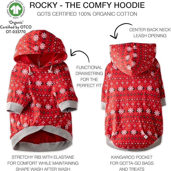 Rocky – The Orginal Lightweight Hooded TEE 100% Organic Cotton Dog Hoodie Pet Coat Sweater for Small, Medium, Large Dogs, Red Fair Isle, Medium