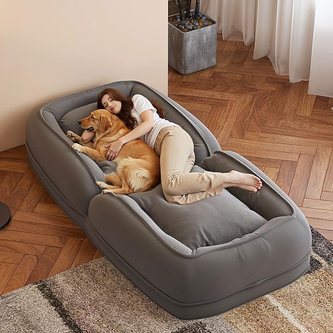 Oversized Human Dog Bed for Adult, Foldable Giant Human Pet Bed with 2 Soft Pillows, Large Sized Dog Sofa with 5 Adjustable Position for Humans, Metal Frame & Corduroy (Grey)