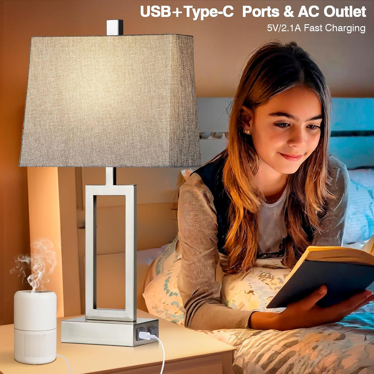 Rinweey 23.5" Touch Control Table Lamps Set of 2, Modern Silver Bedside Lamps with USB A+C Ports & AC Outlet, 3 Way Dimmable Contemporary Nightstand Lamps for Bedroom Living Room(2 LED Bulb Included)