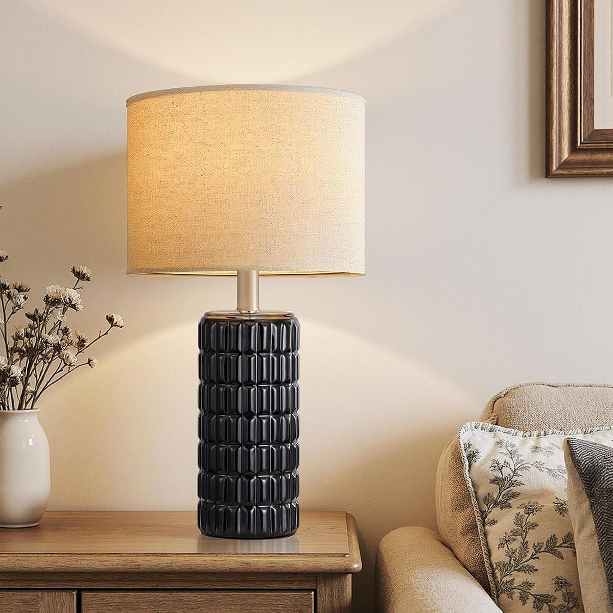 Seealle 23" Modern Ceramic Table Lamps Set of 2, Lamps for Bedroom, Black