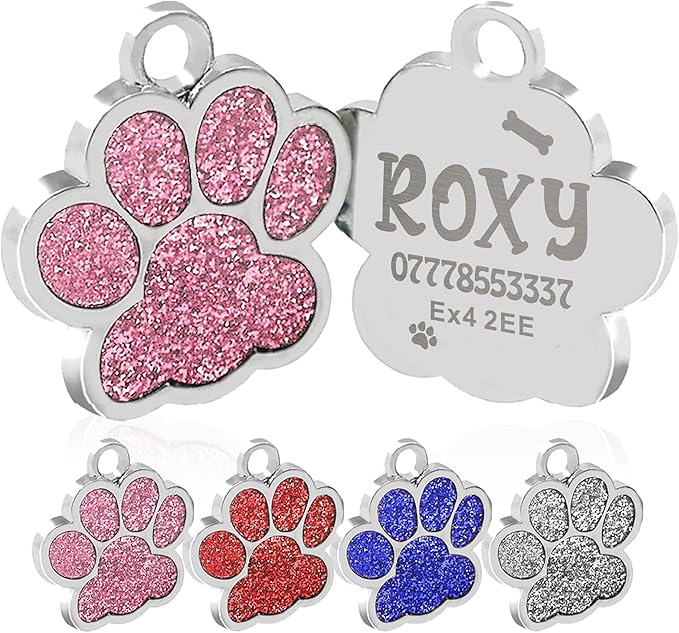 EDSG Cat Dog Tags Personalized for Pets, Dog Name Tags Cat Name ID Tag, Engraved Dog Tags Dog ID Tags Small Glitter Bling ID Tag Paw Print for Cat Pet Dog Puppy(Red,Design 2)